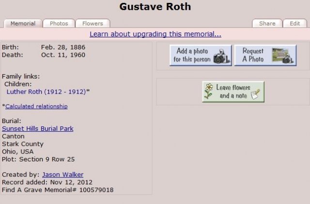 Roth Gustav 1886-1960 USA Sterbedaten